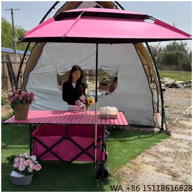 Outdoor Camping Furniture - Wózek składany, wytrzymały, z baldachimem, różowy,